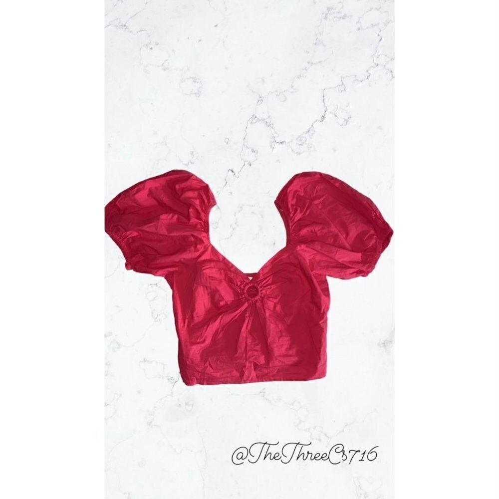 Sim & Sam Key Hole Puff Sleeve Crop Top Womens Size L NWOT 100% Cotton